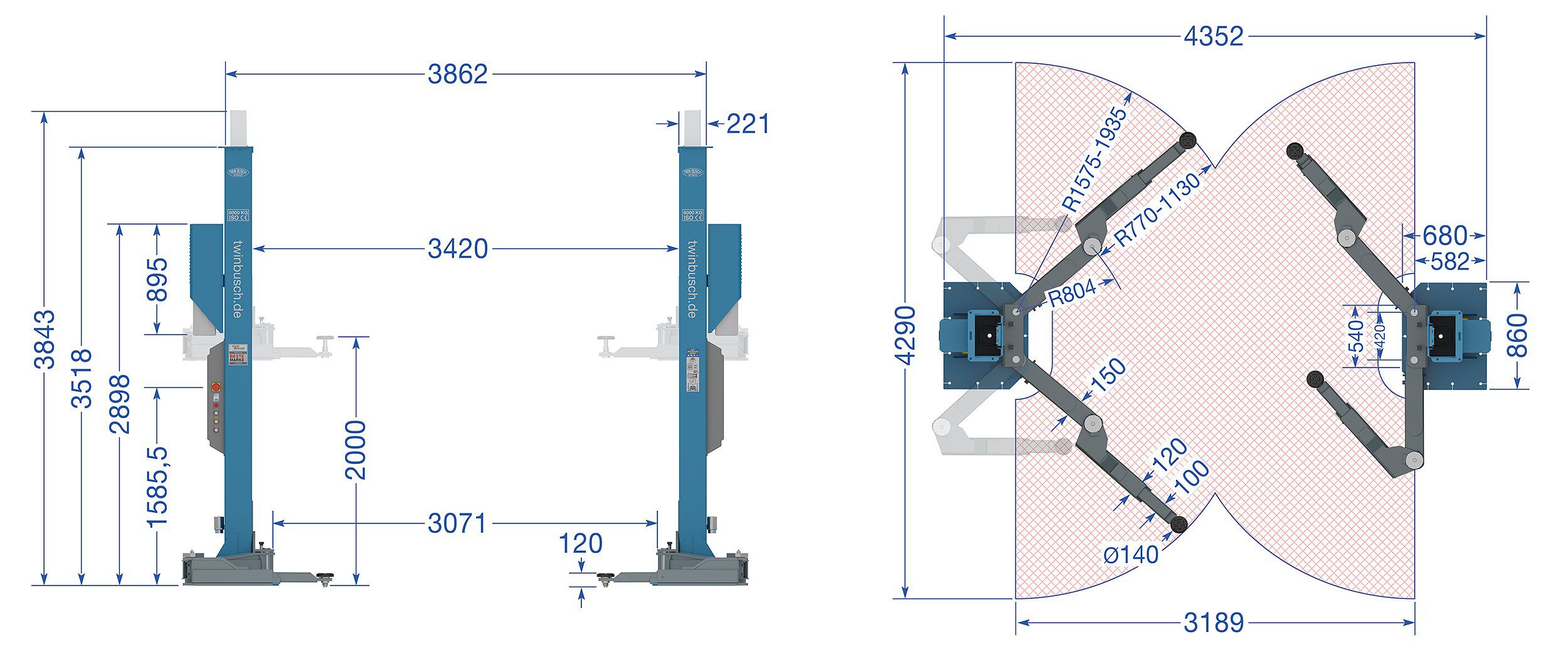 2 søjlet lift 8t TW280-måltegning