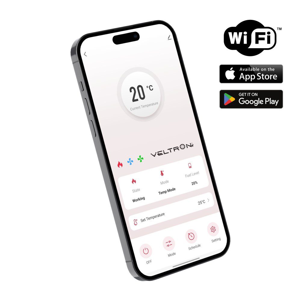 alt="Veltron DHOE-90 varmeovn med digitalt touch-display og WiFi styring"